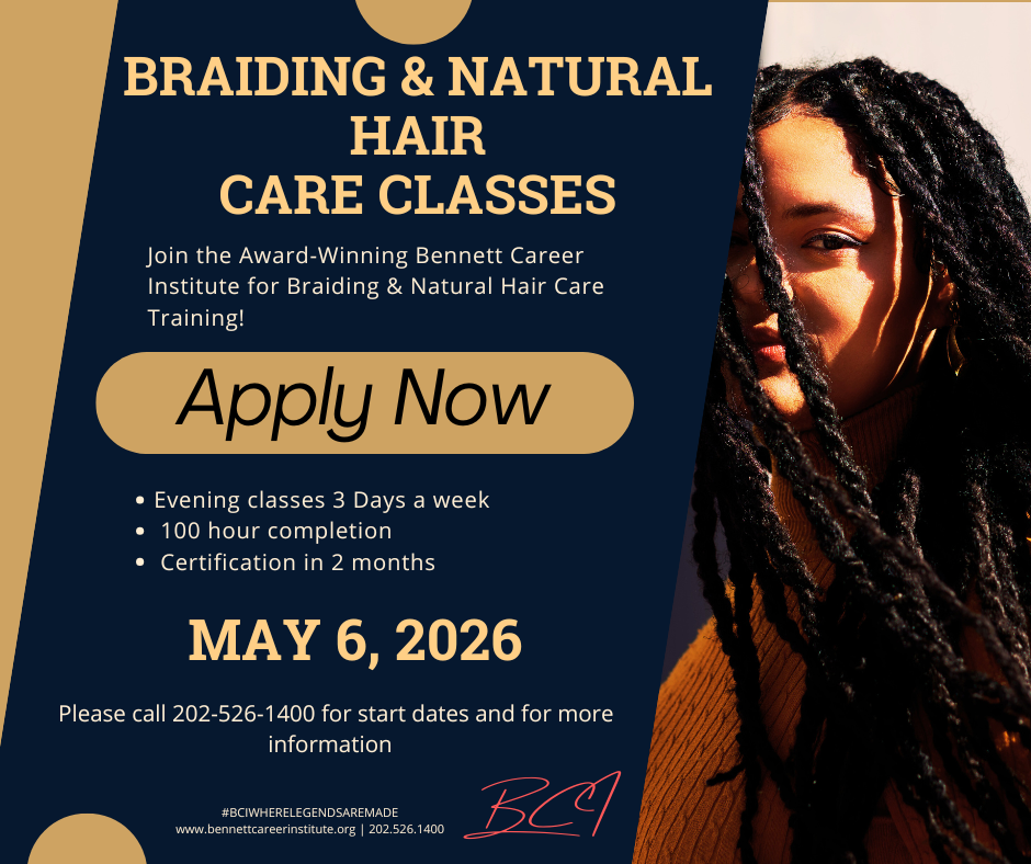 Braiding and natural hair care classes flyer with Apply Now button and May 6, 2026 date
