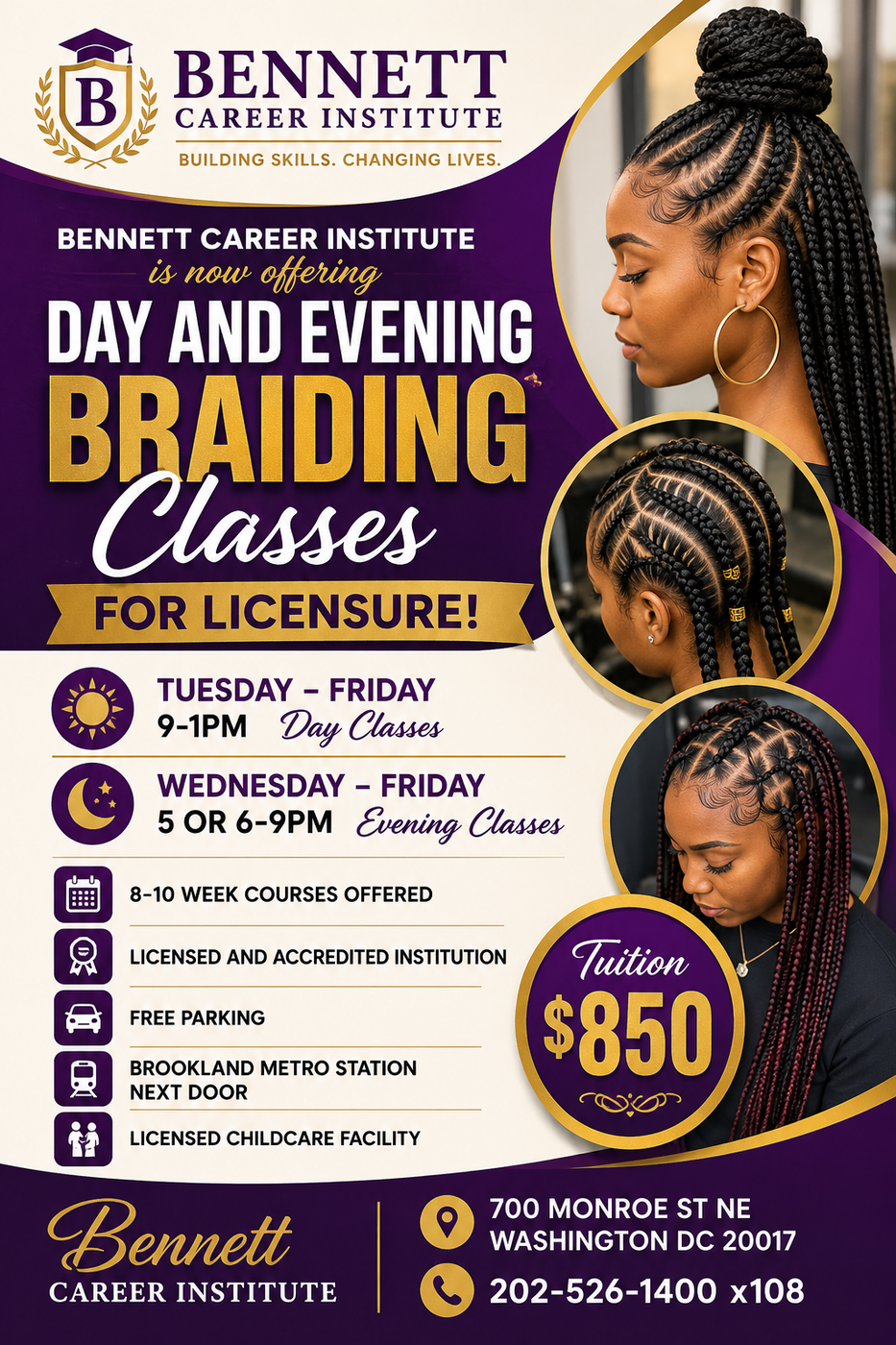 Bennett Career Institute flyer for day and evening braiding classes, with purple and gold design and $850 tuition package