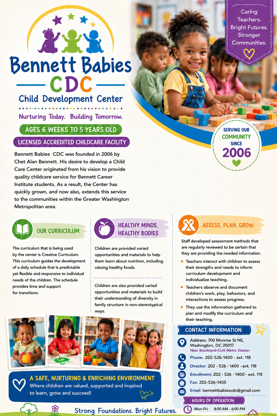 Bennett Babies CDC child development center flyer with colorful photos and service details