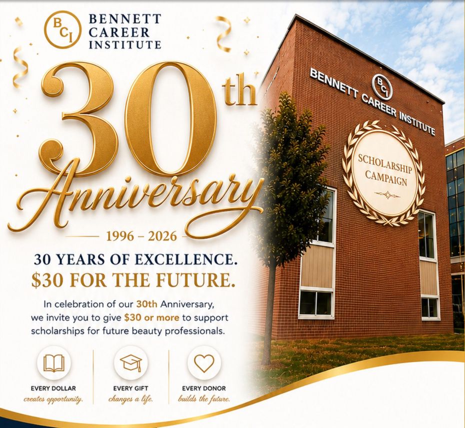 Bennett Career Institute 30th anniversary poster with brick campus building and gold celebratory text Bennett Career Institute 30th anniversary poster with brick campus building and gold celebratory text