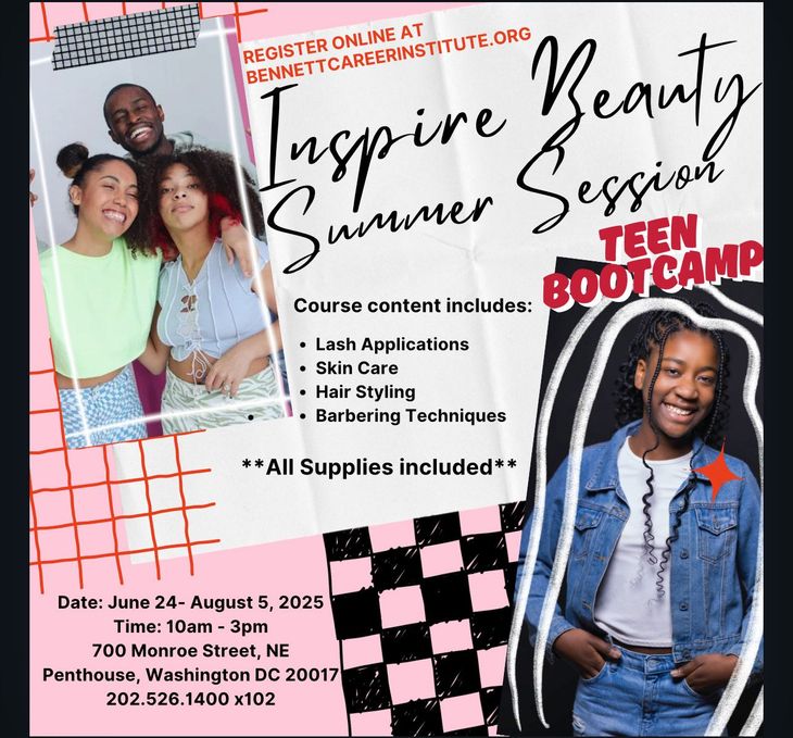 A poster for a teen bootcamp called inspire beauty summer session