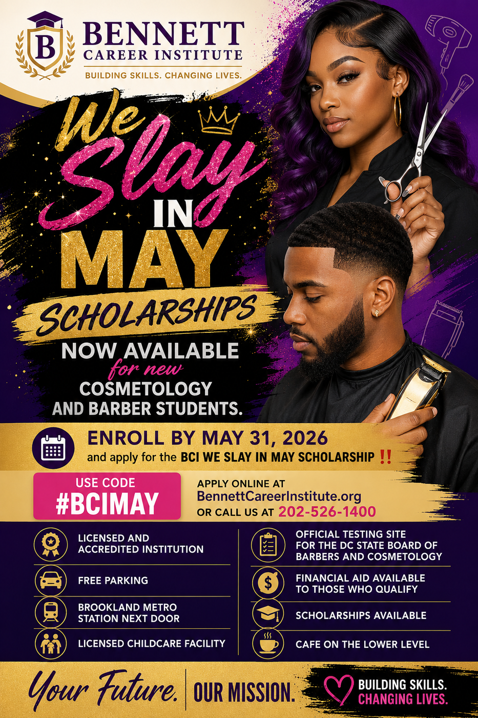 Bennett Career Institute scholarship flyer with purple-gold design, two models, and “Enroll by May 31, 2026” text