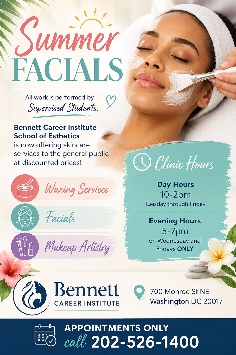 Summer facials poster with woman receiving facial, spa hours, service list, and Bennett Career Institute details