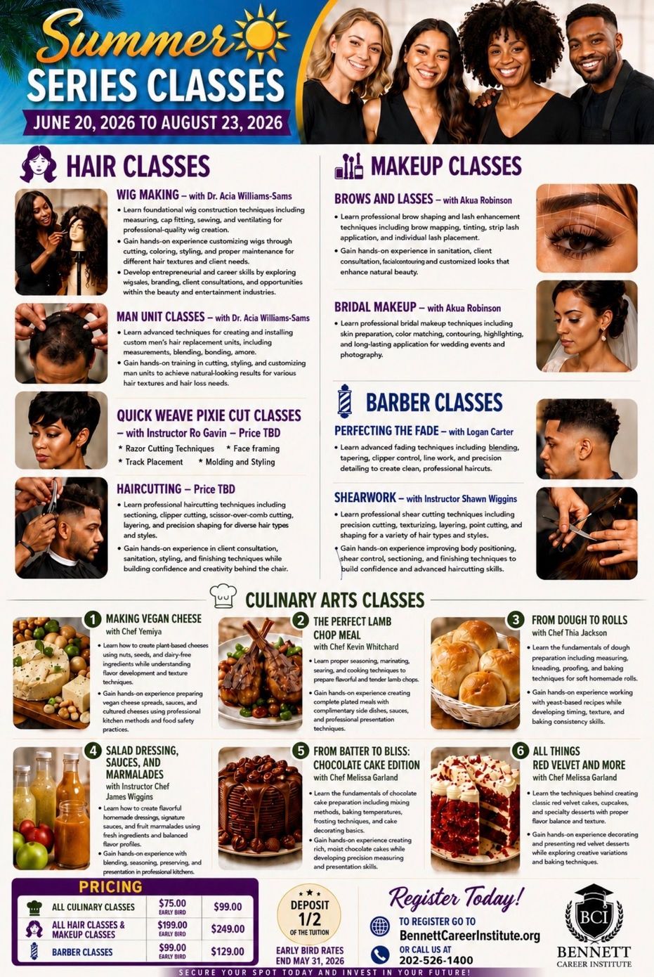 Summer Series Classes flyer with hair, makeup, barber, culinary arts, and photography course listings.