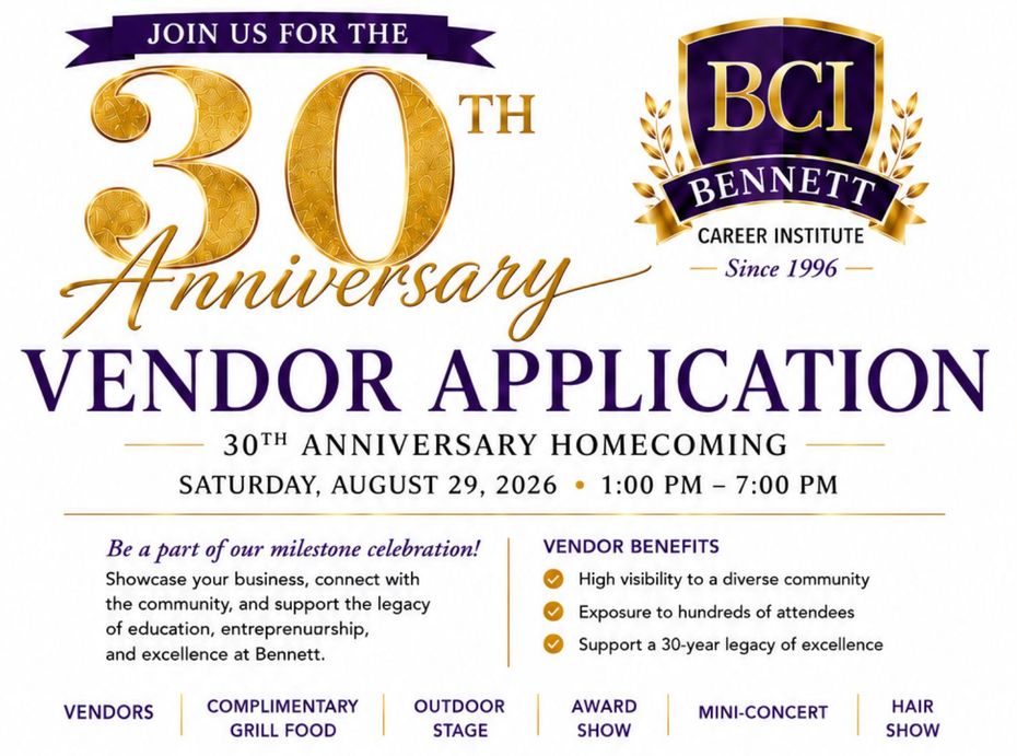 Bennett Career Institute 30th anniversary poster with brick campus building and gold celebratory text Bennett Career Institute 30th anniversary poster with brick campus building and gold celebratory text