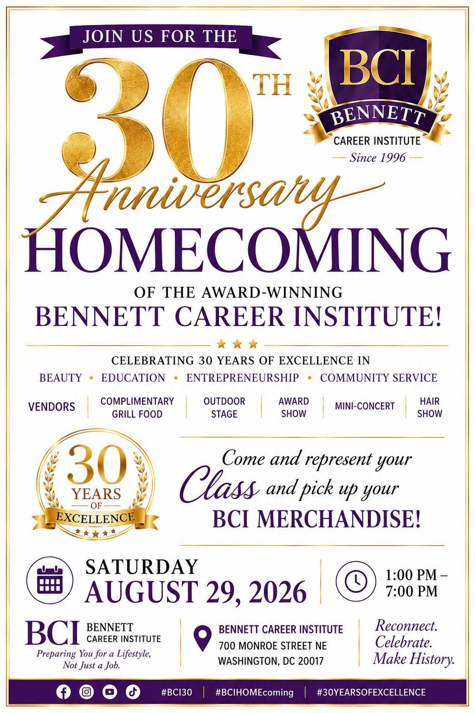 Bennett Career Institute 30th anniversary poster with brick campus building and gold celebratory text Bennett Career Institute 30th anniversary poster with brick campus building and gold celebratory text