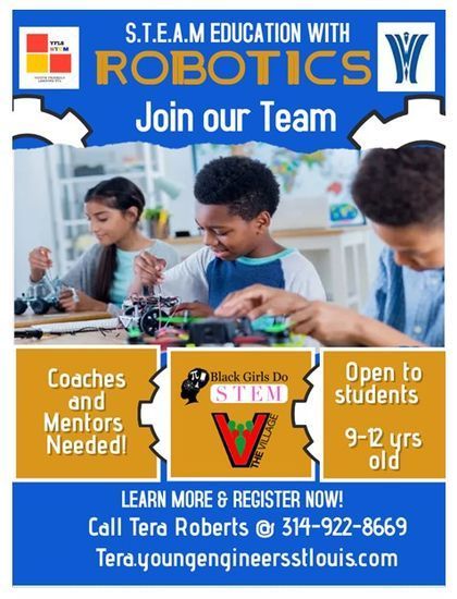 Flyer for a S.T.E.A.M. robotics program. Includes program info, contact details, and a photo of students building robots.