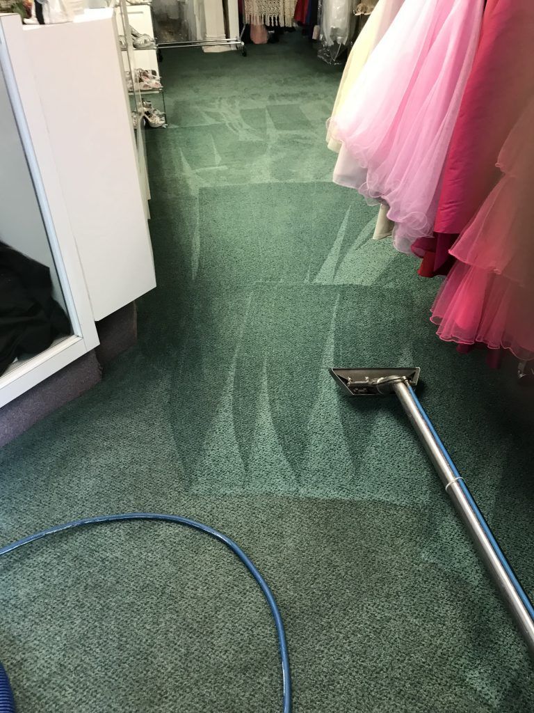 A vacuum cleaner is being used to clean a green carpet in a store.