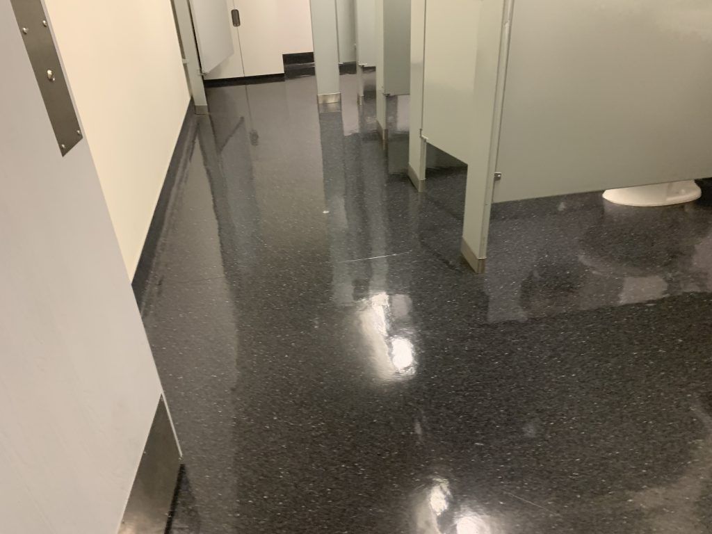 A bathroom with a shiny floor and a toilet.