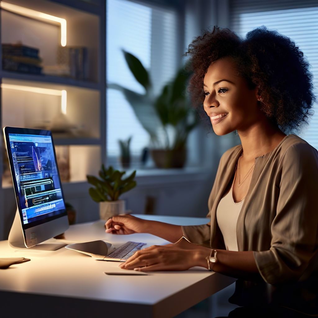 A woman is sitting at a desk in front of a computer.