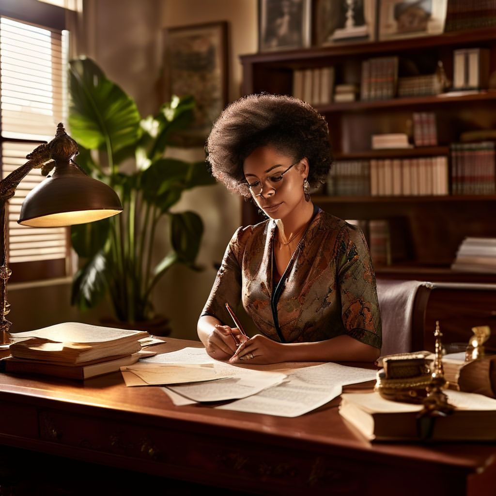 A woman is sitting at a desk writing on a piece of paper.
