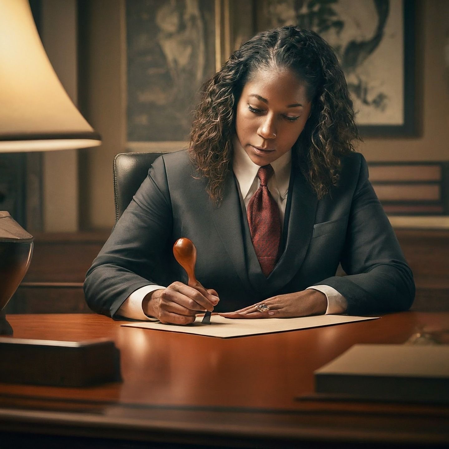 A woman in a suit and tie is stamping a piece of paper