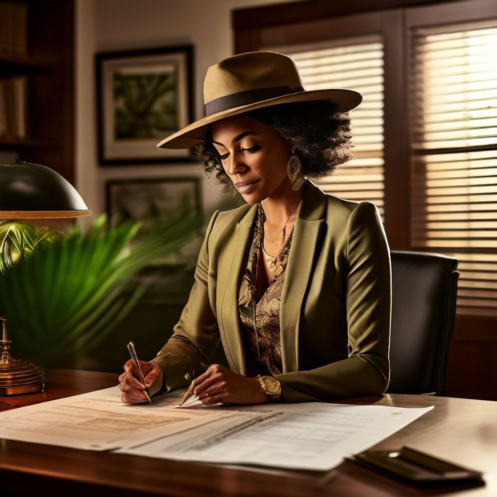 A woman in a hat is sitting at a desk writing on a piece of paper.
