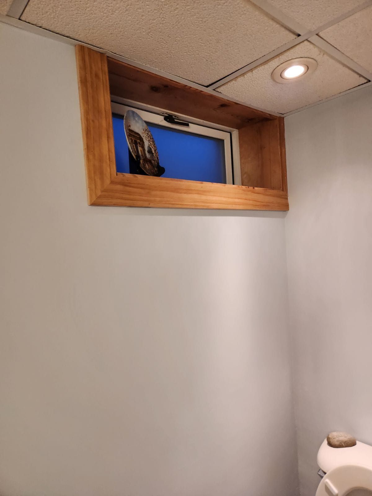 A bathroom with a window and a toilet