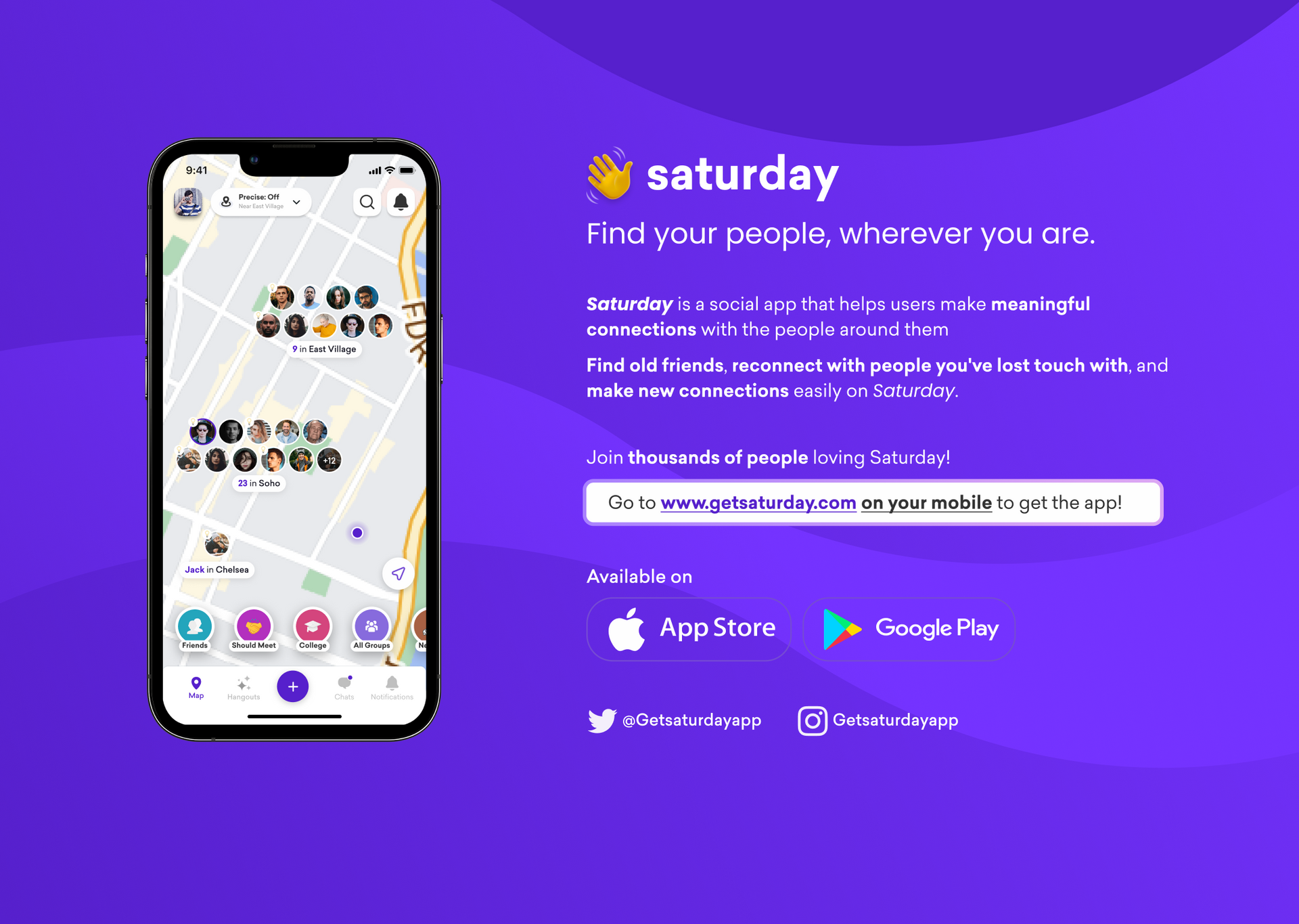 A cell phone with a map on it is on a purple background. 