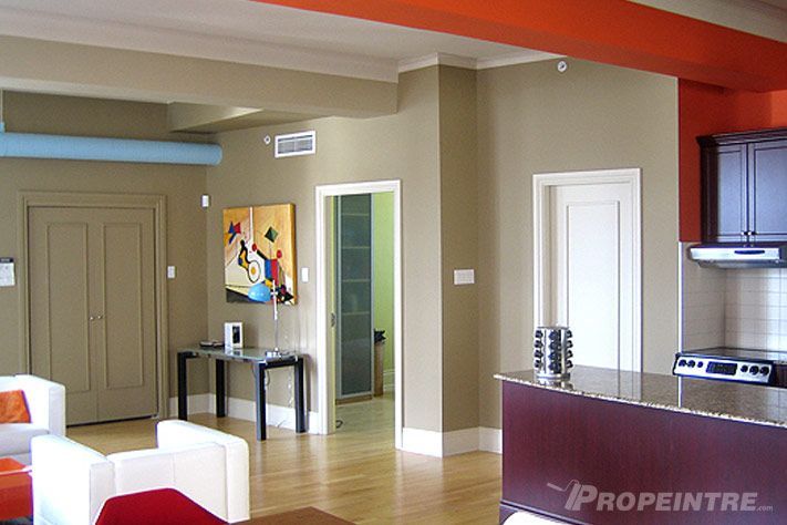 Entrée de loft avec murs taupe et touches de décoration colorée