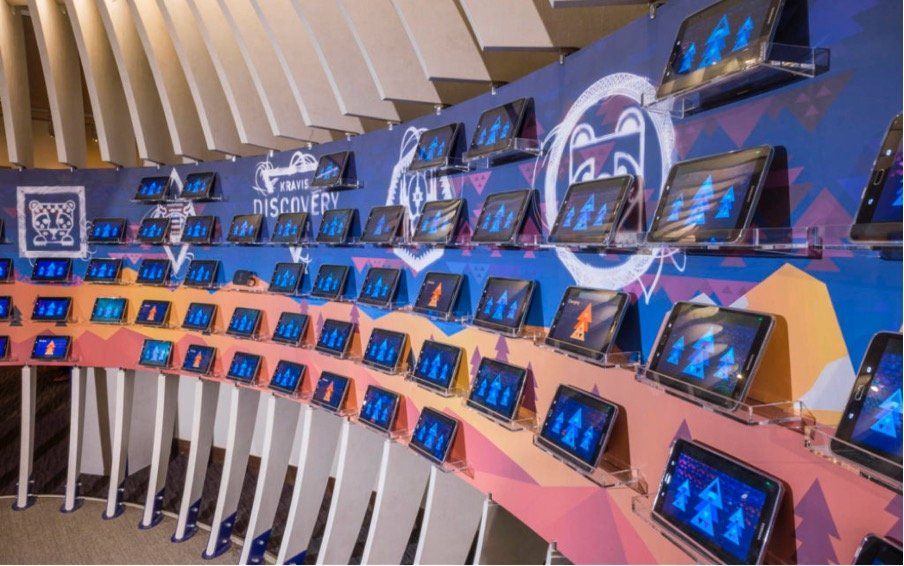 A bunch of tablets are lined up on a wall.