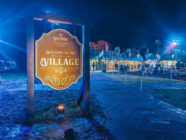 A wooden sign that says `` welcome to the village '' is hanging from a pole.