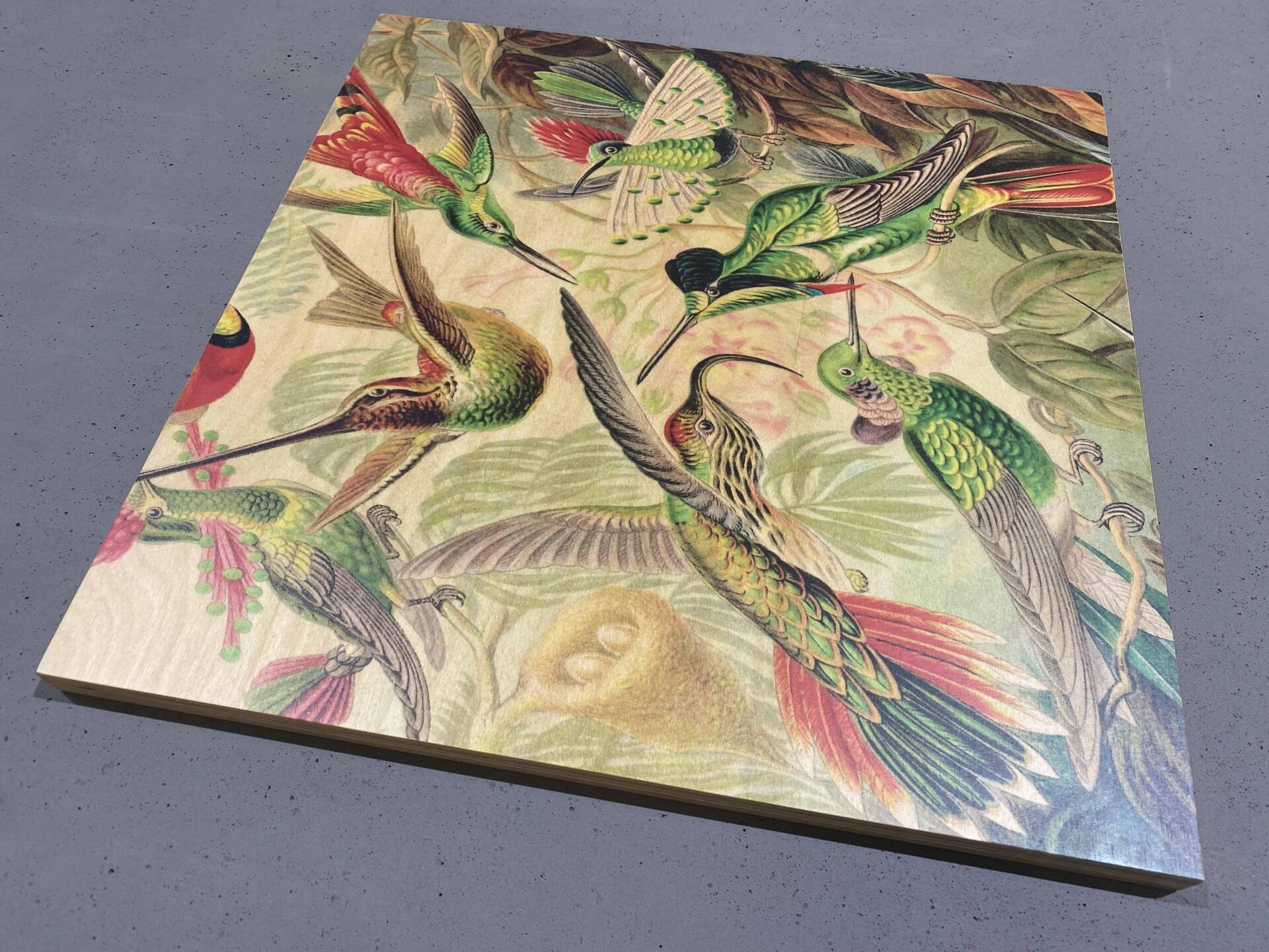 A painting of hummingbirds on a piece of wood