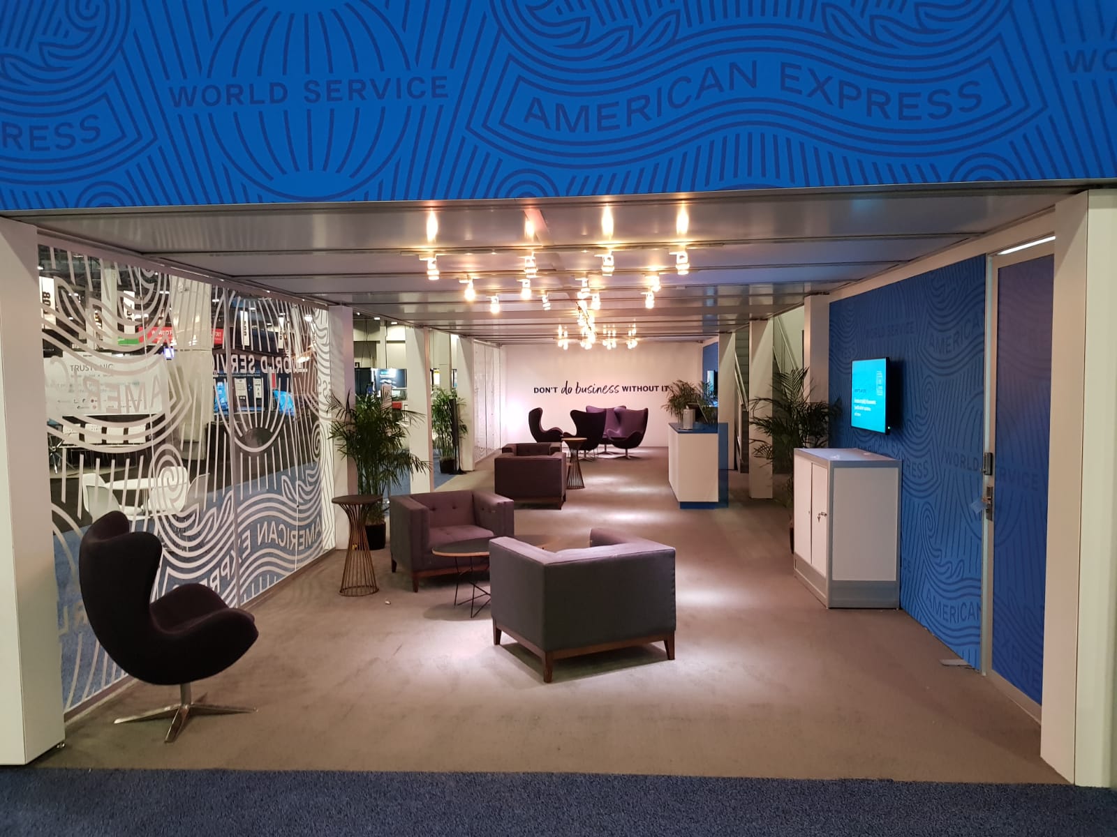 A room with a sign that says american express on it