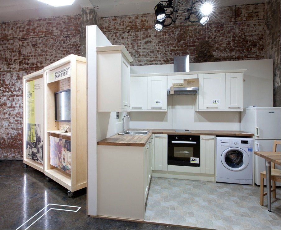 A kitchen with white cabinets and a washing machine