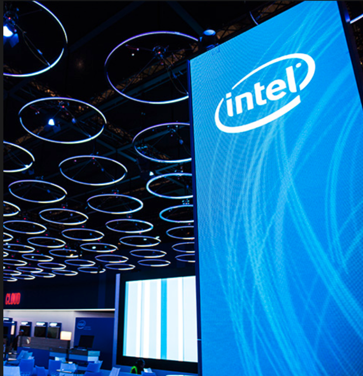 A large blue sign that says intel on it