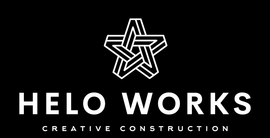 The logo for helo works creative construction has a white star on a black background.