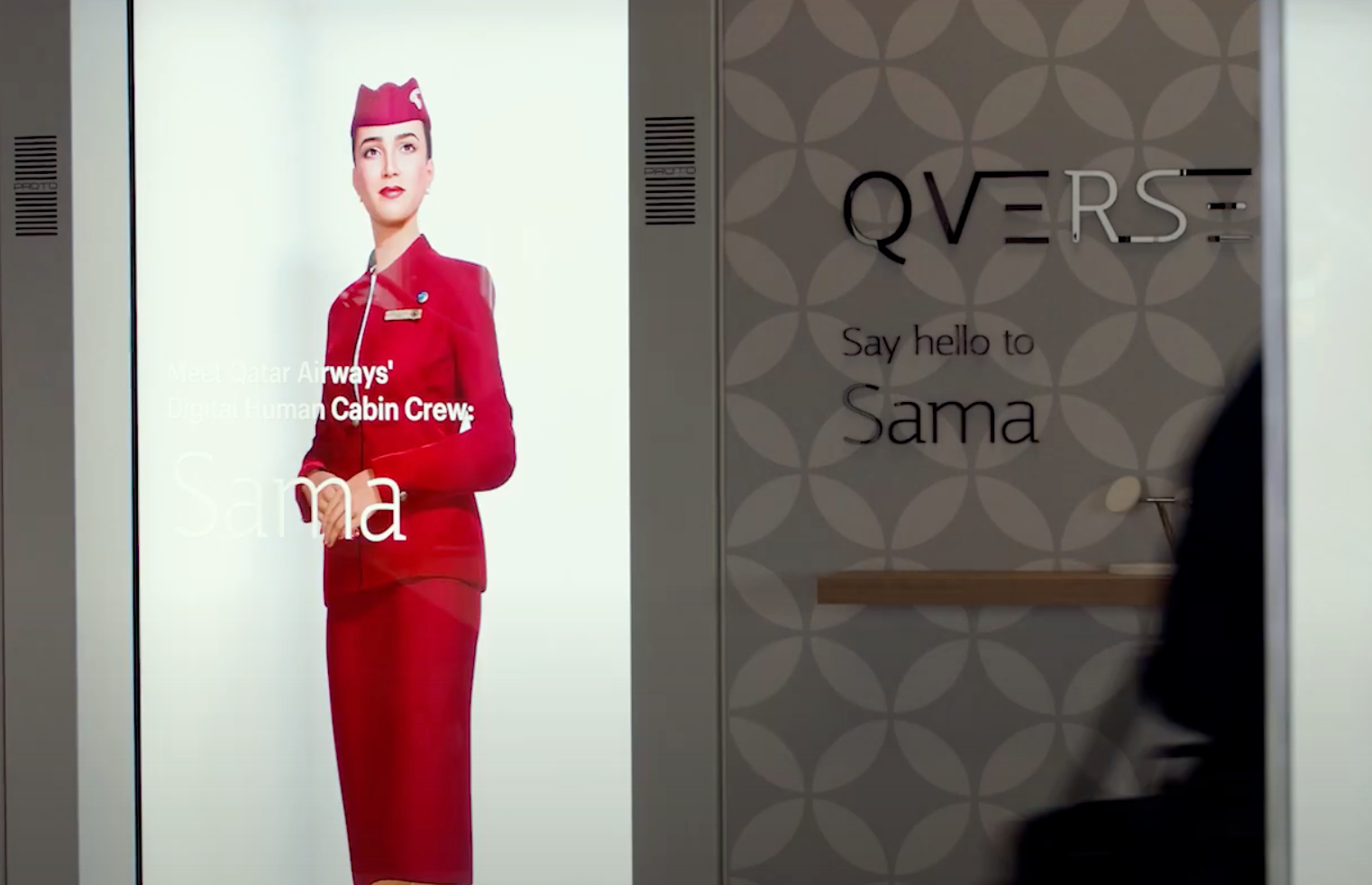 A woman in a red uniform is standing in front of a sign that says qverse