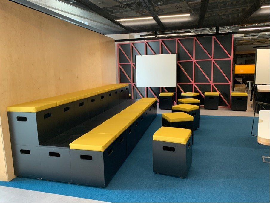 A room with a bench and stools in it