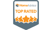 HomeAdvisor Top Rated badge with orange stars and logo.