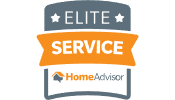 HomeAdvisor Elite Service badge: orange ribbon, gray background, HomeAdvisor logo.