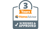 HomeAdvisor screened and approved for 3 years, badge with checkmark and orange/gray accents.