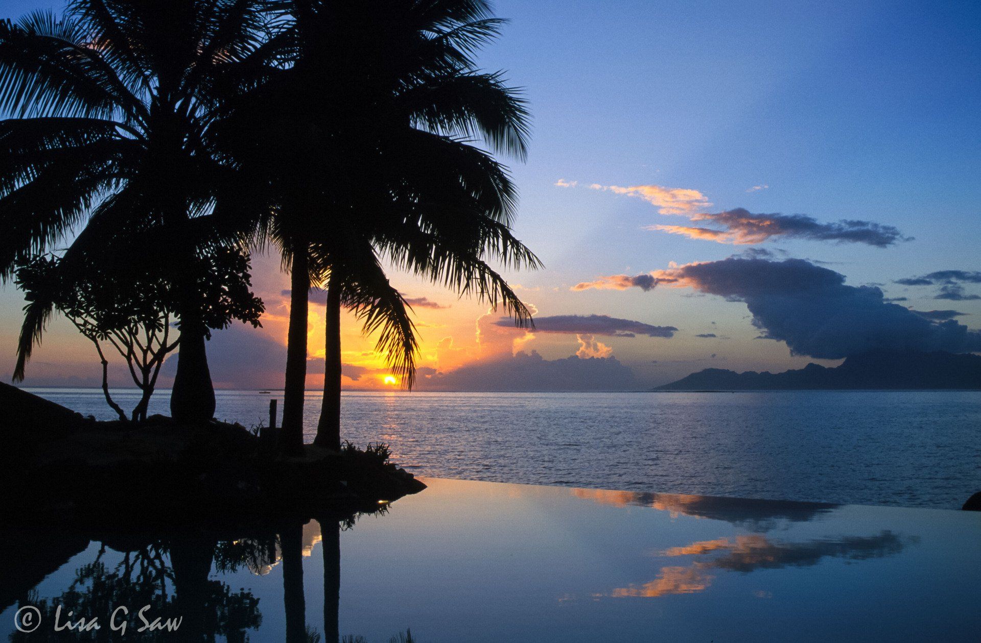 Palm Trees and lagoon at Sunset, Tahiti