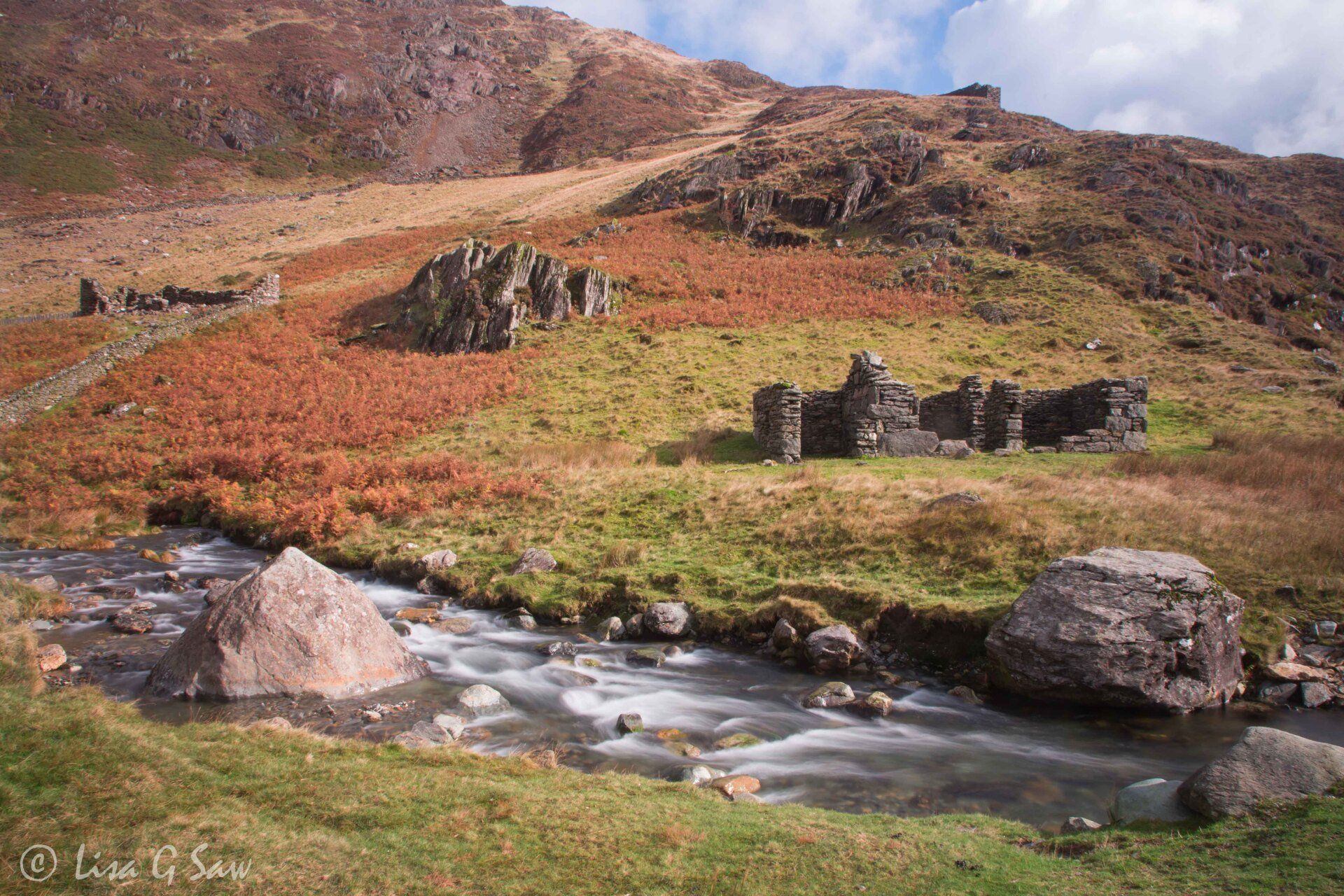 River, ruins along the Watkin Path in Snowdonia National Park