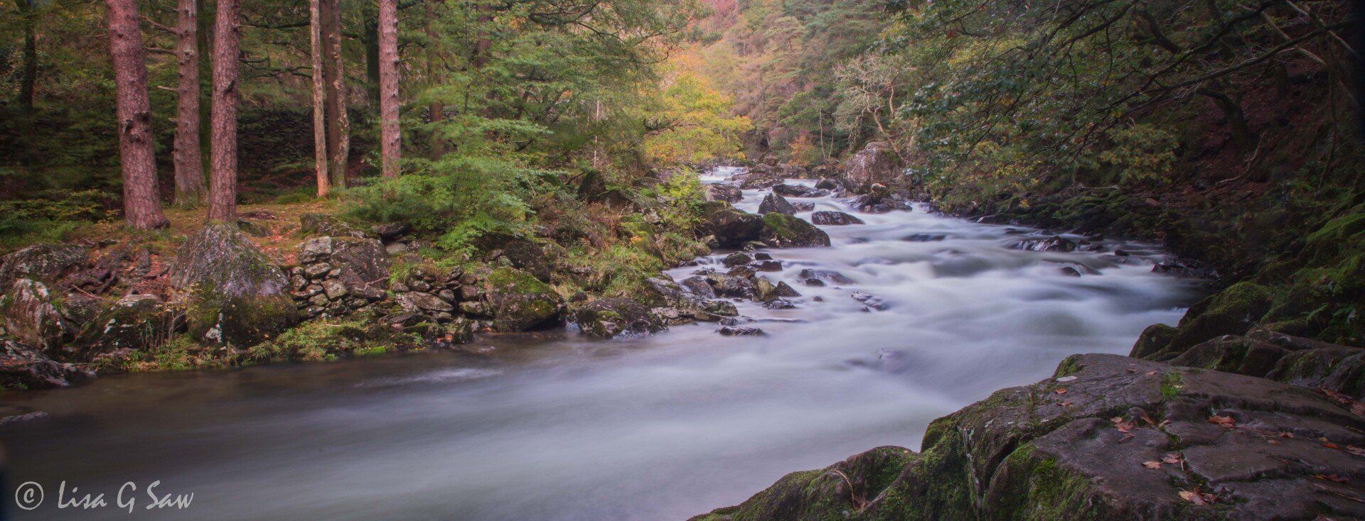Afon Glaslyn with slow shutter speed surrounded by woodland