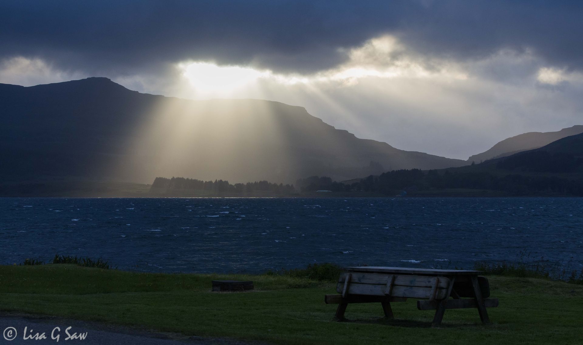 Shaft of light shining onto Loch Scridain