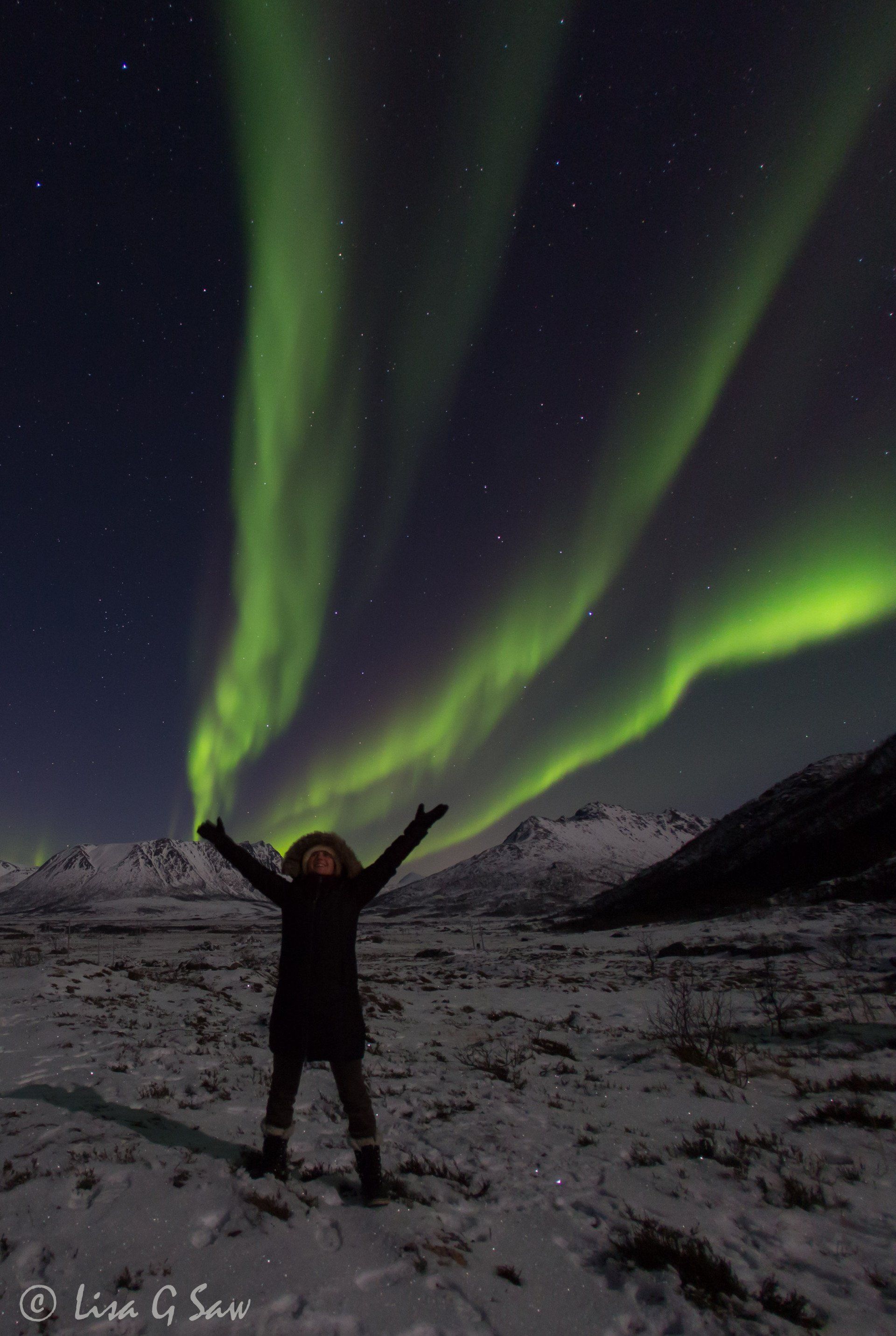 Northern Lights with person standing with arms outstretched, Norway