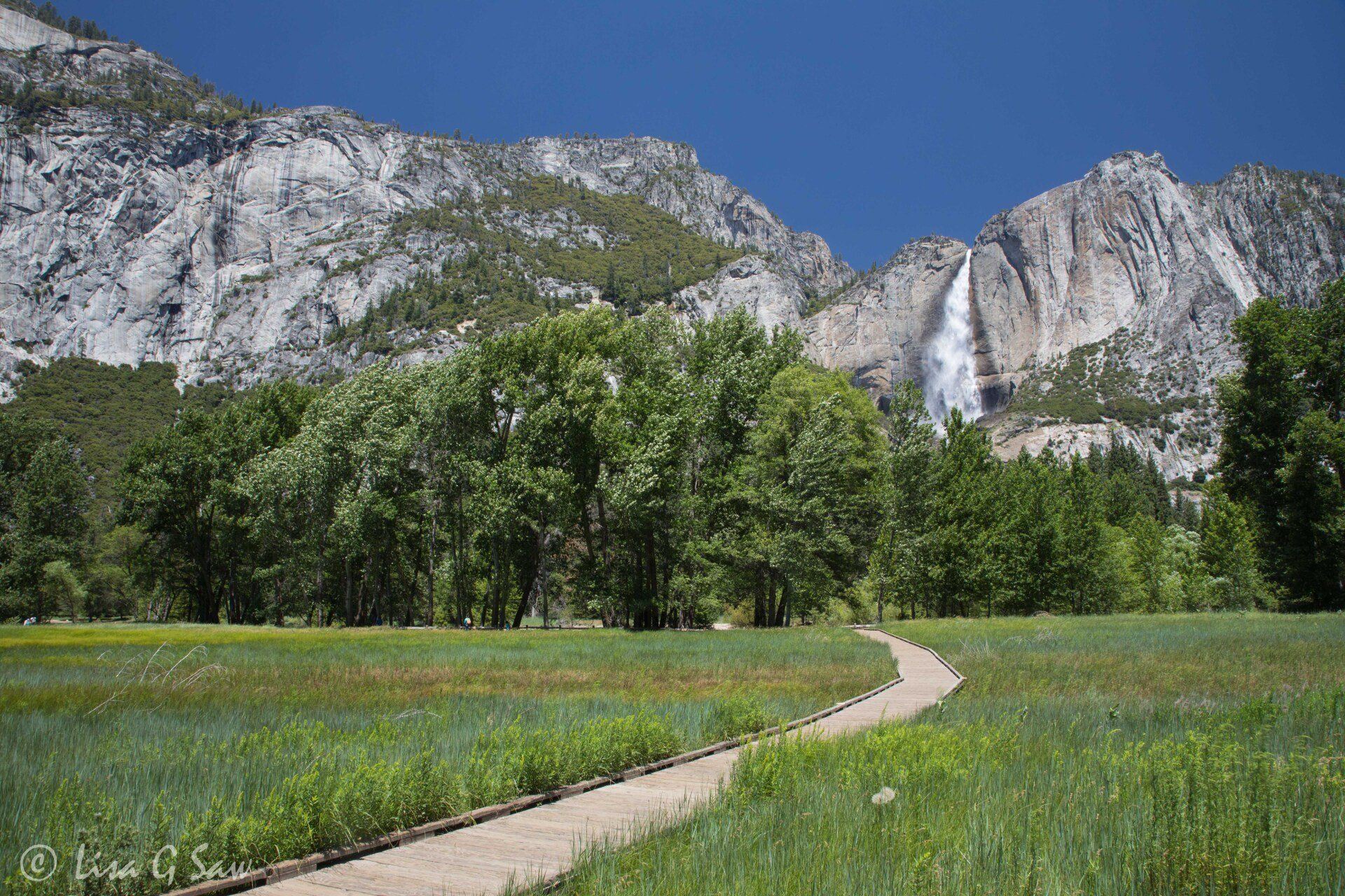 Boardwalk in Yosemite and waterfall