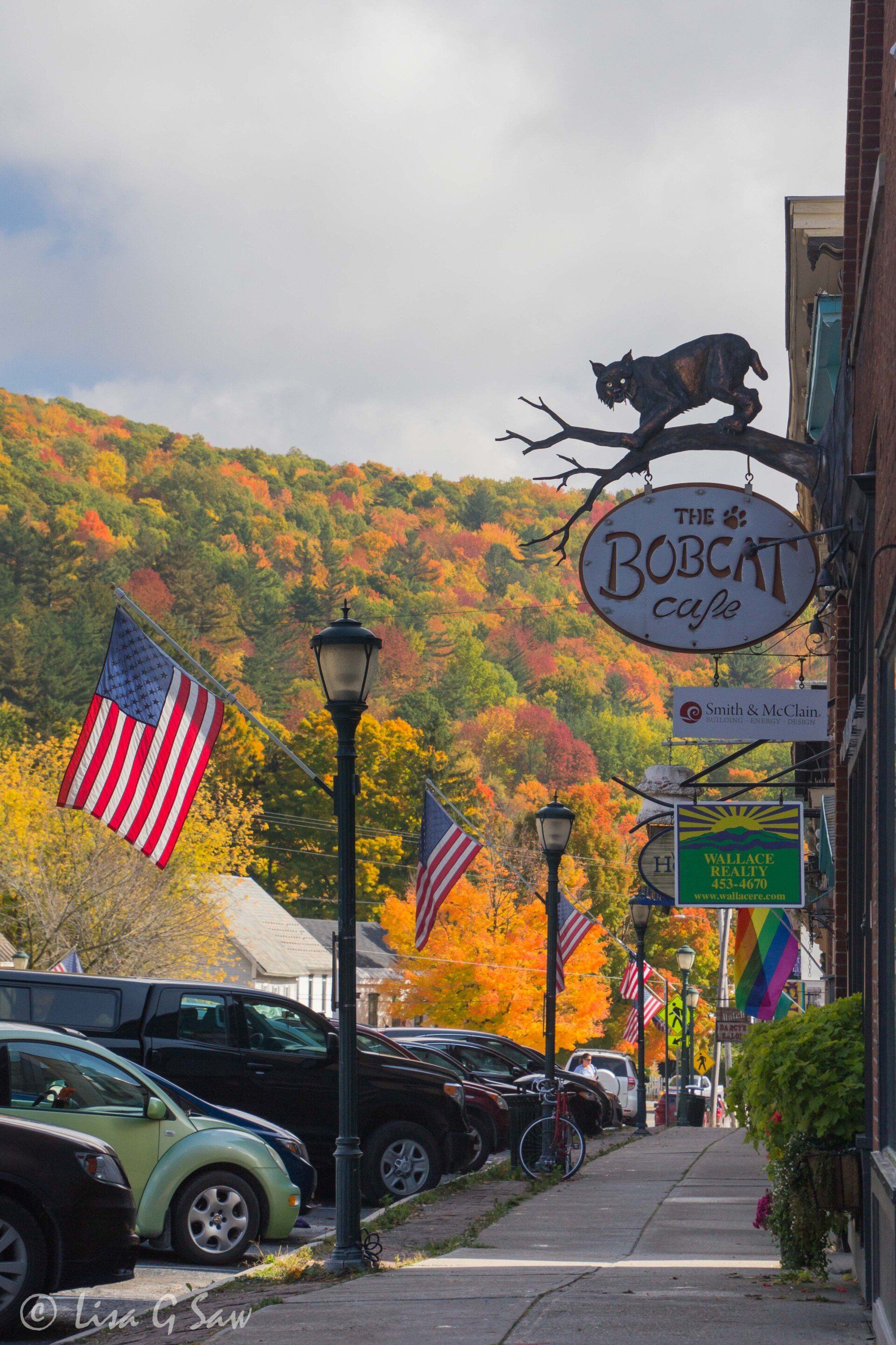 Main Street, Bristol, Vermont in autumn with American flags