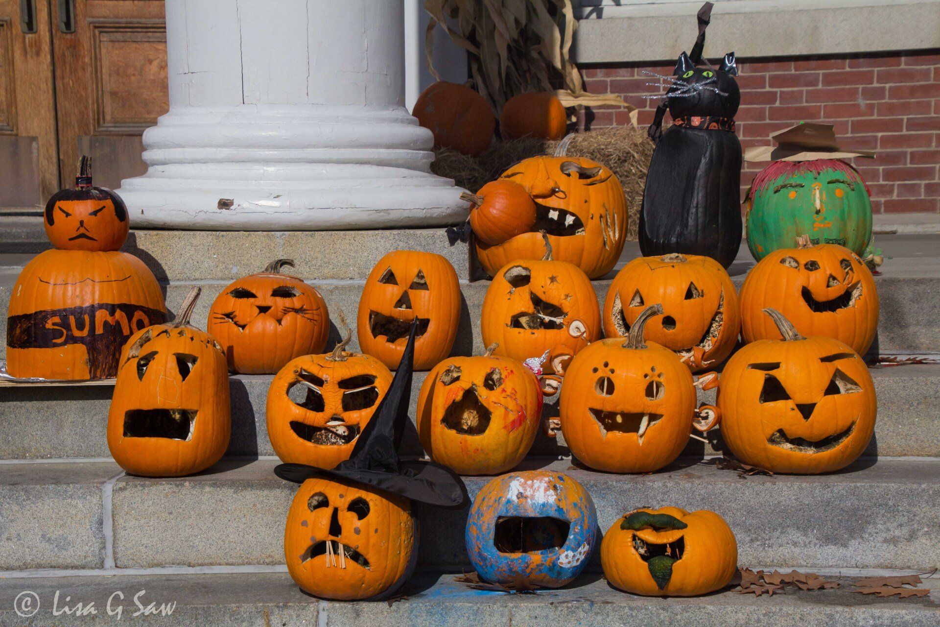 Collection of carved pumpkins on steps