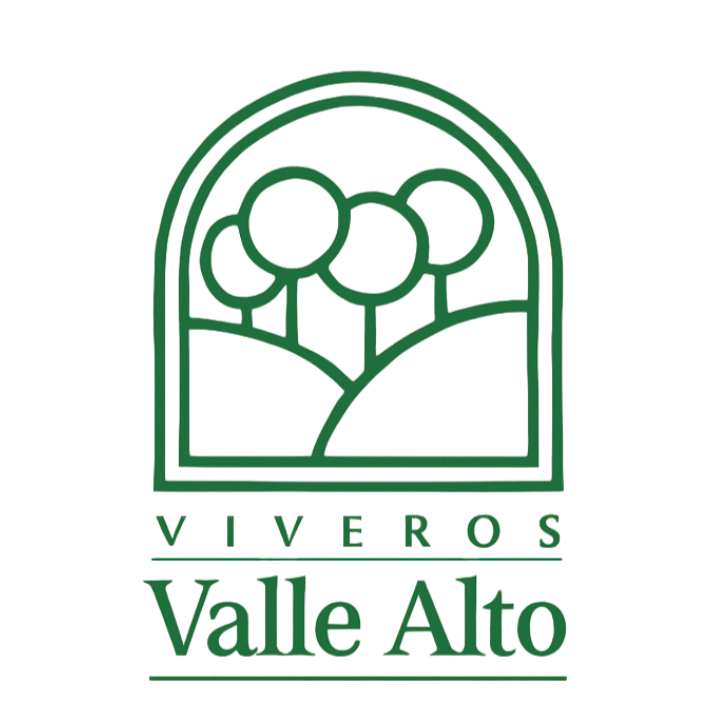 Logotipo verde para Viveros Valle Alto con árboles estilizados dentro de un marco arqueado.
