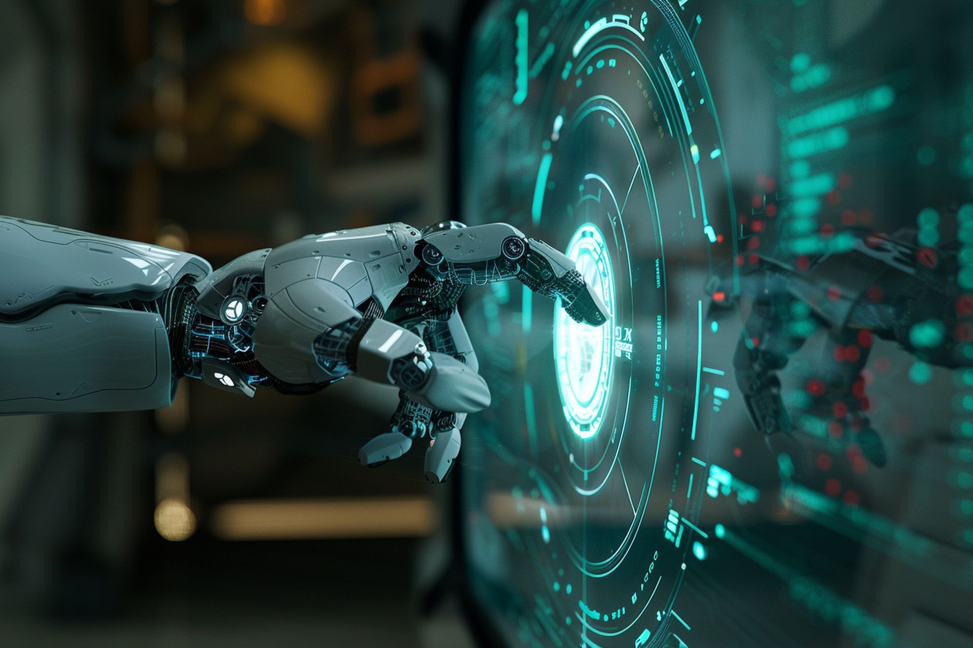 Mano robótica tocando una interfaz digital circular brillante; azul y blanca.