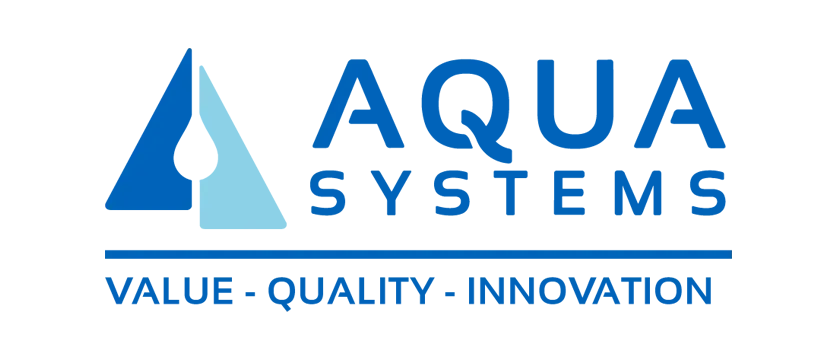 Logotipo de Aqua Systems: triángulo azul con gota de agua, texto "AQUA SYSTEMS" y lema "VALOR - CALIDAD - INNOVACIÓN".