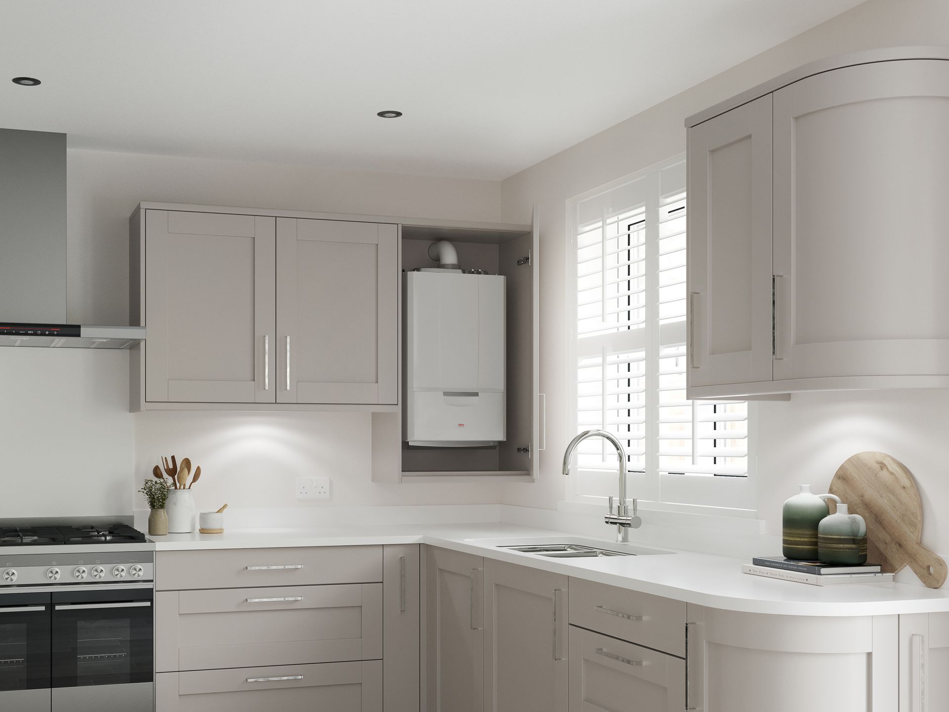 Kitchen with cabinets, sink, stove, and a wall-mounted boiler unit.