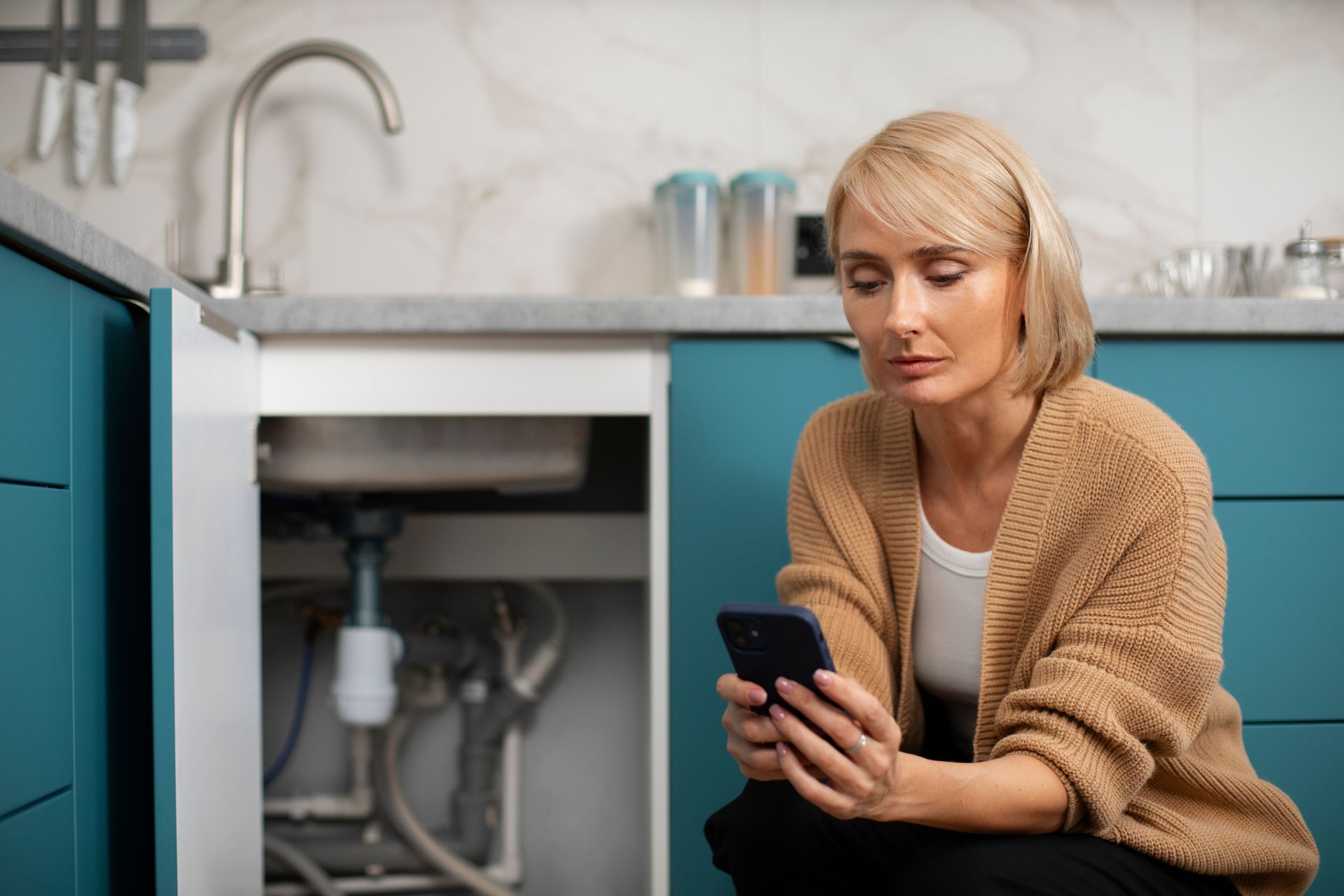 Woman in beige sweater looks at phone under a kitchen sink with visible plumbing.