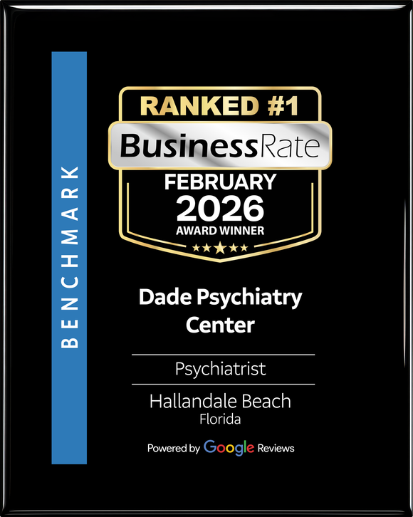 A black award plaque for Dade Psychiatry Center, ranked #1 by BusinessRate in February 2026, featuring Google Reviews.