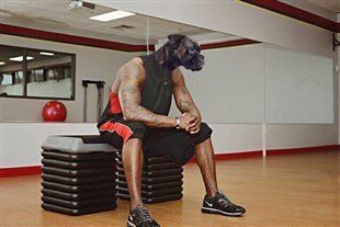 Boxer dog as man at gym