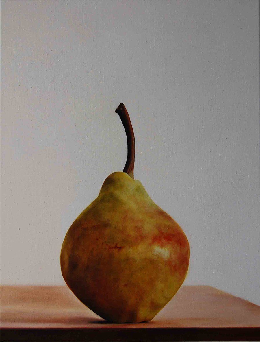 Regal, still life oil painting of a pear by Sarah Wood