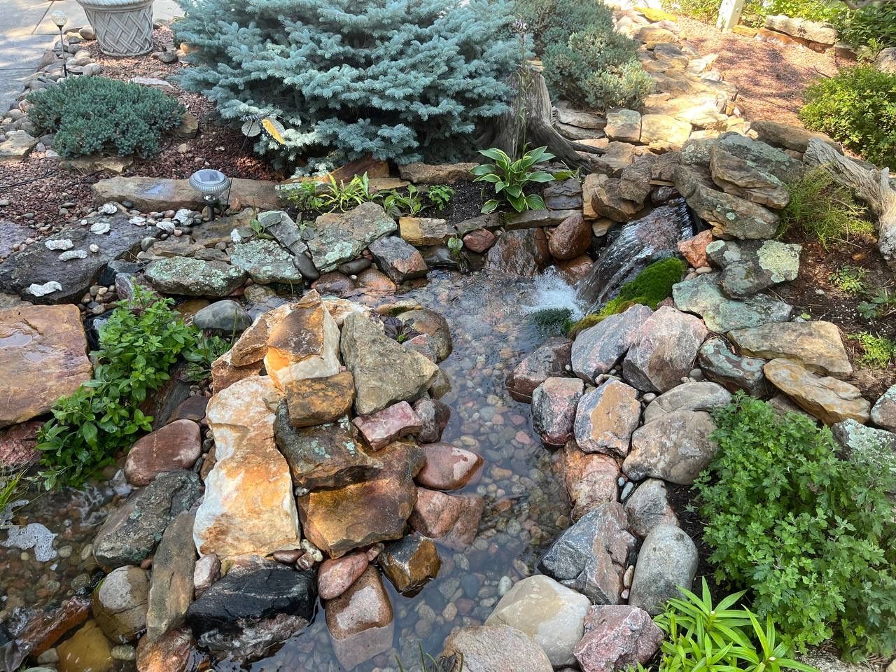 A small stream surrounded by rocks and trees in a garden.
