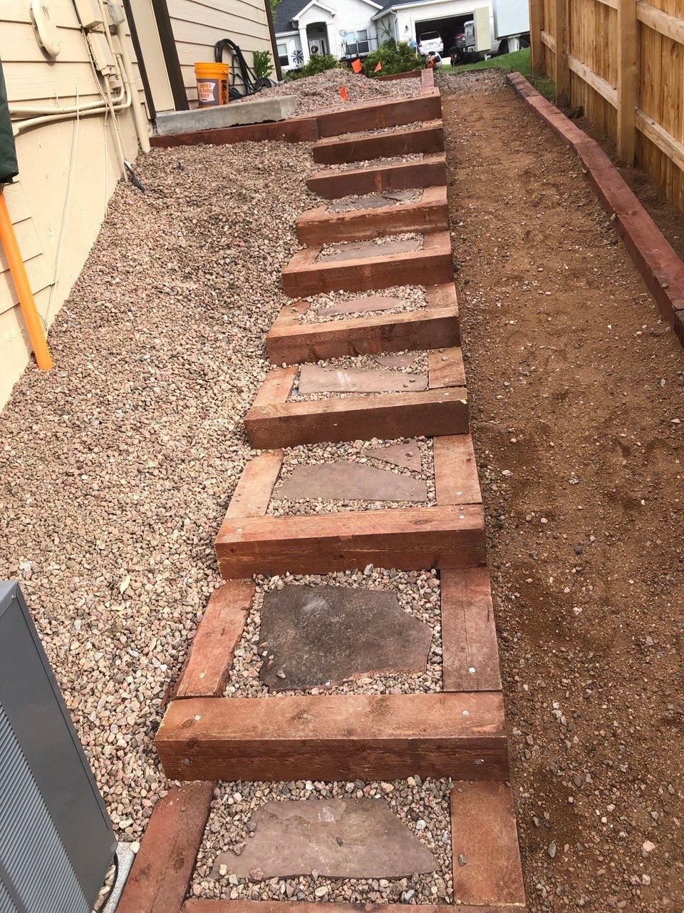 A row of brick steps leading up to a gravel path.